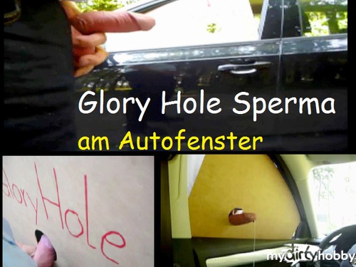 schwanzspiel in Glory Hole Sperma am Autofenster