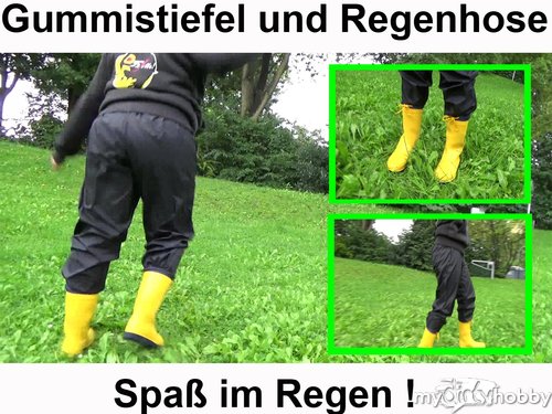 Fetisch-Studentin-Kare - Gummistiefel und Regenhose Spaß im Regen